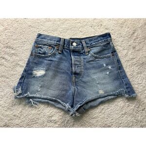 Levis Denim Shorts Womens 25 Blue Distressed High Rise Button Fly Raw‎ Hem Jean